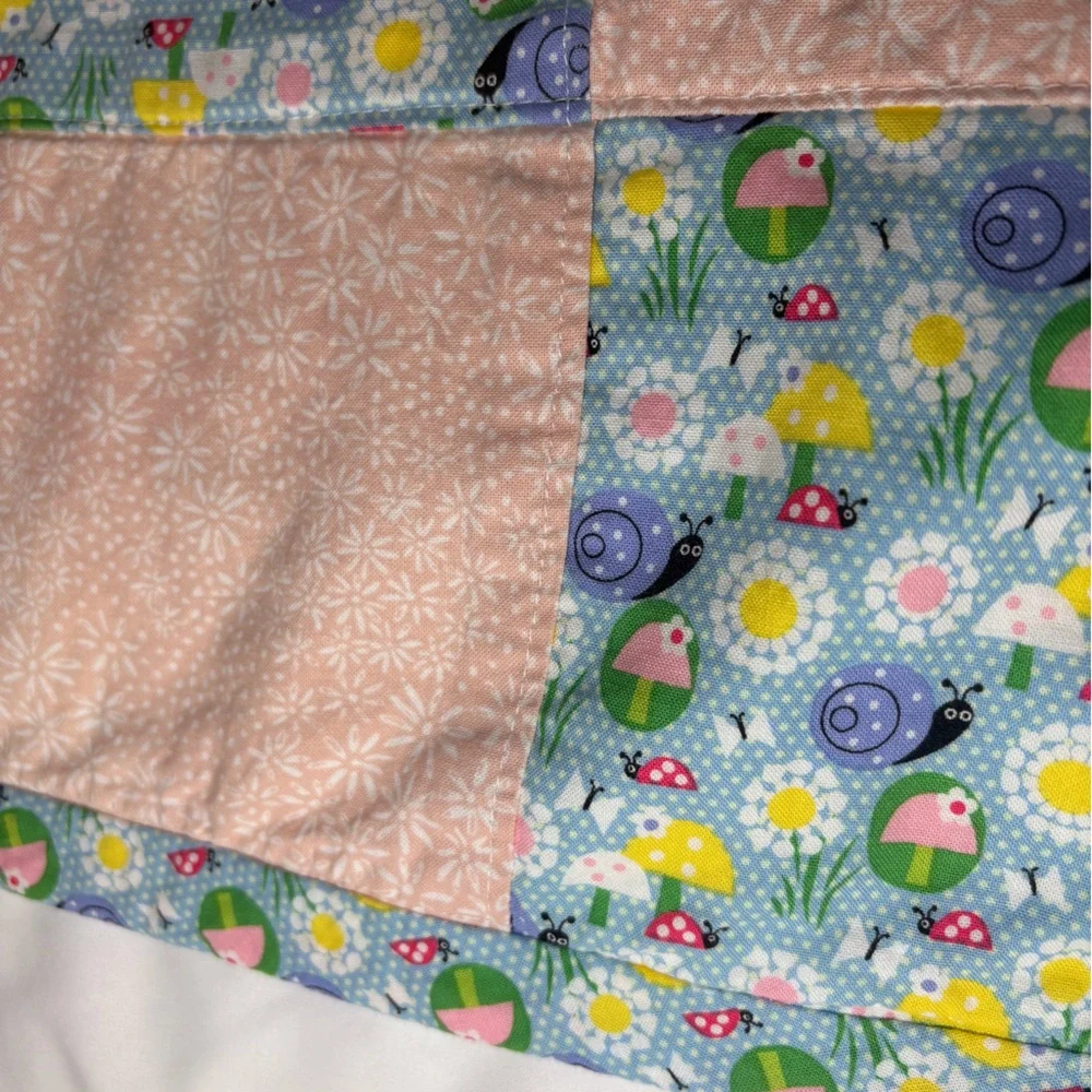 Handmade Baby Quilt - Cotton Calico Print - Peach and Blue Patchwork